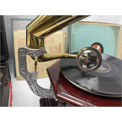 Reproduction Victrola gramophone with brass horn, together with May-Fair Deluxe wind up gramophone and a quantity of vinyl records