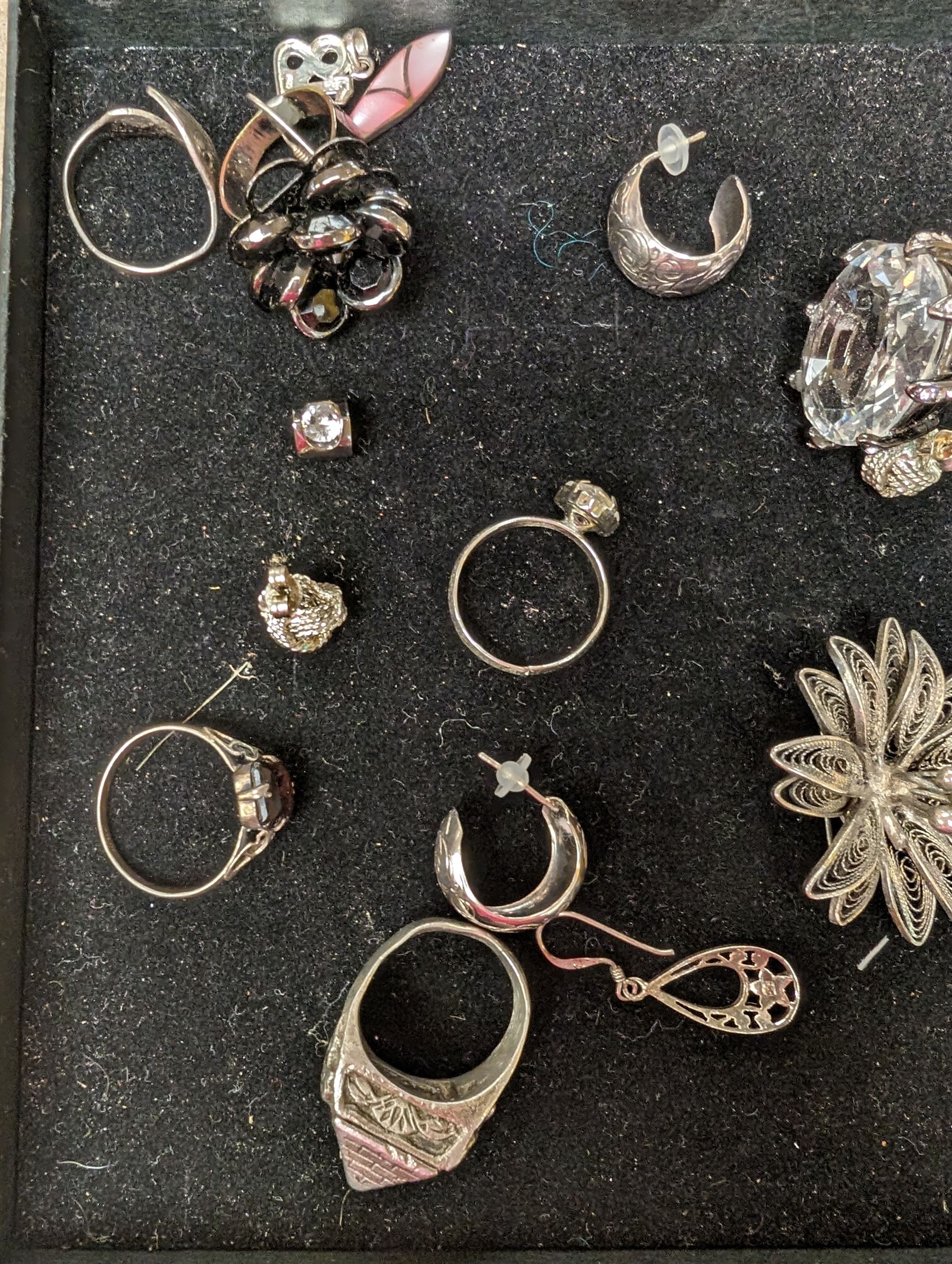 Silver and costume jewellery, including earrings, rings, brooches, etc