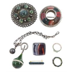 Victorian and later hardstone jewellery including Scottish silver brooch, moss agate buckle, rings, brooches and a niello chain with fob pendant