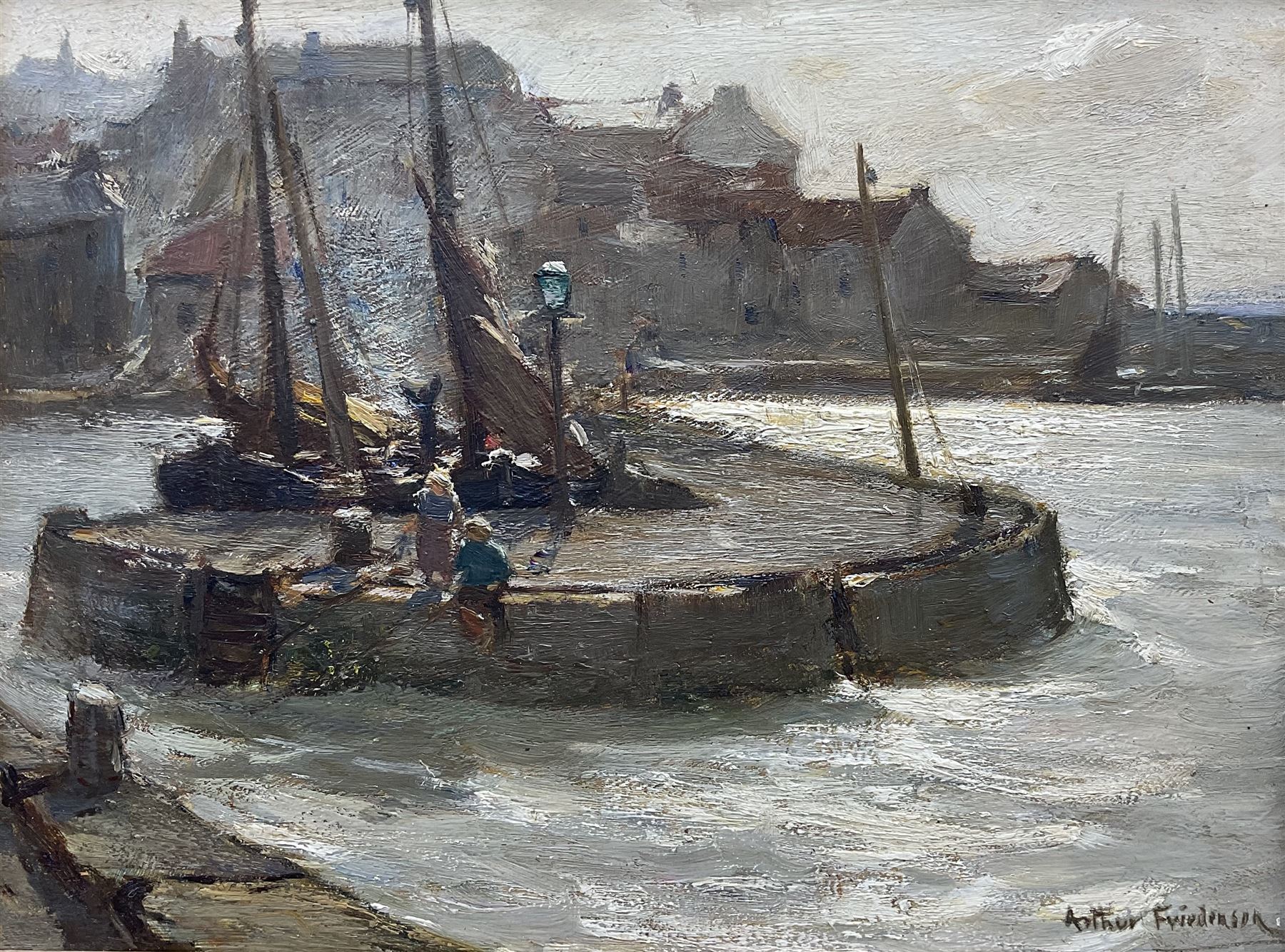 Arthur A Friedenson (Staithes Group 1872-1955): Children Fishing 'Pittenweem Harbour Fifeshire', oil on panel signed, titled and signed verso 25cm x 34cm