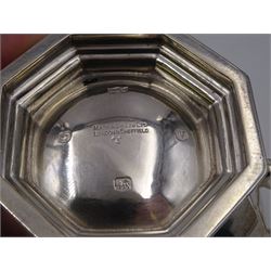 1930s century silver twin handled bowl, of faceted octagonal form with two angular handles, upon a hexagonal foot, hallmarked Mappin & Webb Ltd, Sheffield 1938, including handles H8.5cm