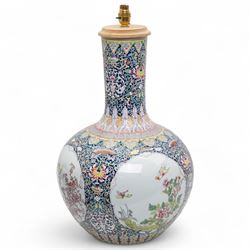 Large table lamp, decorated with floral sprigs with four panels depicting birds in blossom...