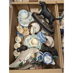 Royal Doulton matte labrador, Wedgewood Jasperware trinket box, two Leonardo dolls and a collection of other ceramics, in two boxes