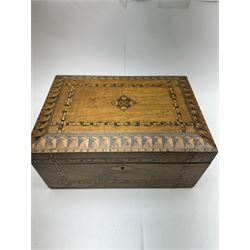 Three inlaid wooden boxes, together with an oak table top cabinet, tallest H42cm