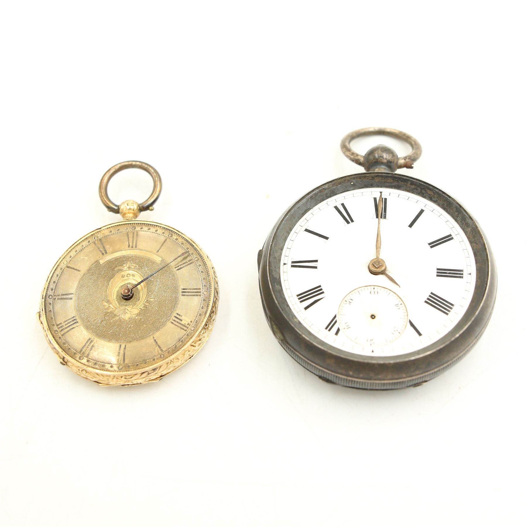 Early 20th century 18ct gold open face key wound cylinder pocket watch, gilt dial with Roman numerals, case with ornate decoration and cartouche, stamped 18K, together with a Victorian silver cased open faced pocket watch