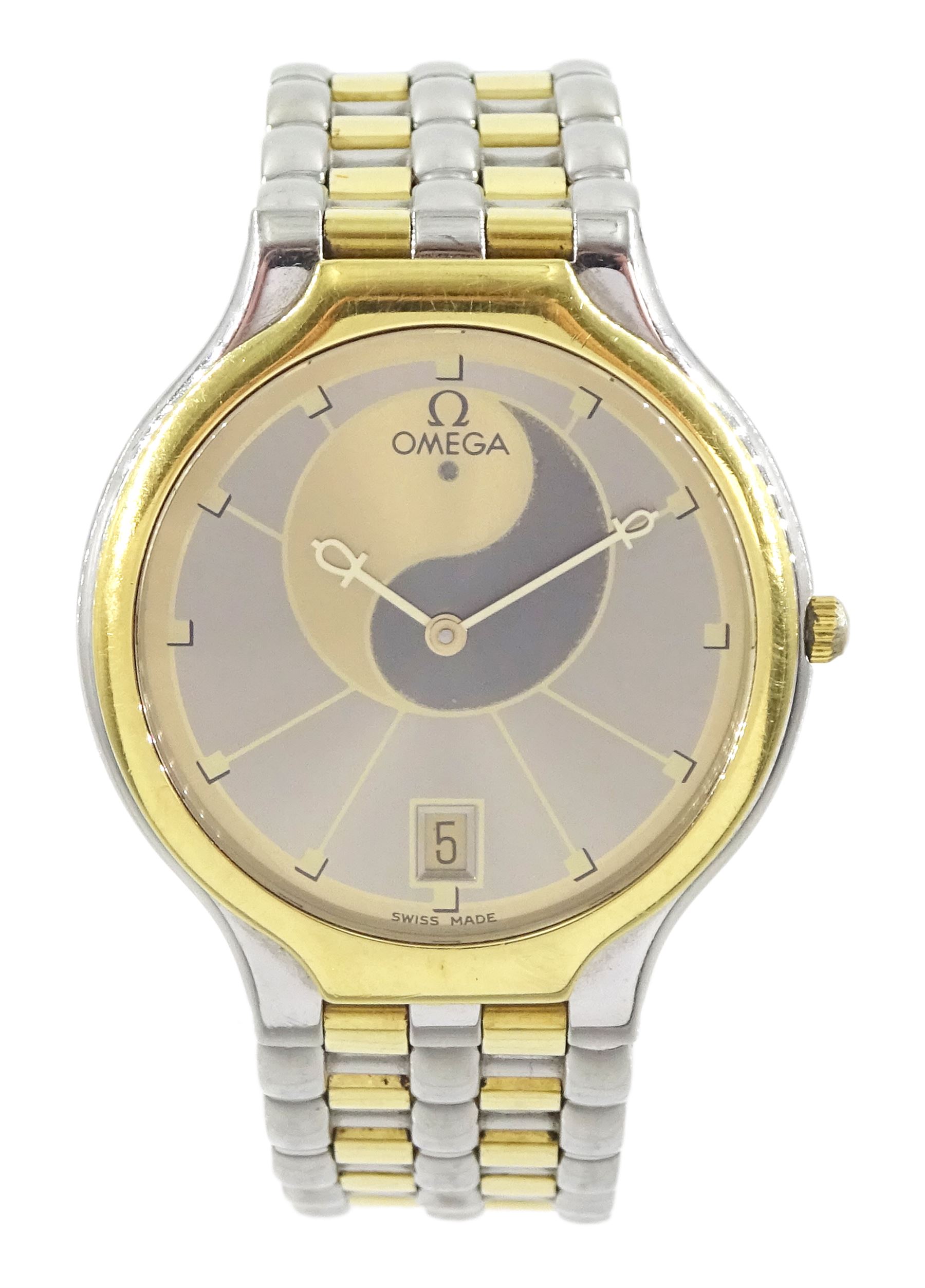 Omega gold and stainless steel quartz wristwatch, Cal. 1441, grey and champagne Yin Yang dial, with  Egyptian Ankh hands and date aperture at 6 o'clock, on integrated Omega gold and stainless steel bracelet strap, with fold-over clasp