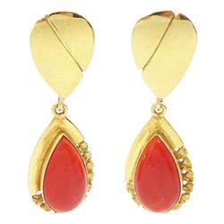 Pair of 18ct gold pear cut coral pendant stud earrings