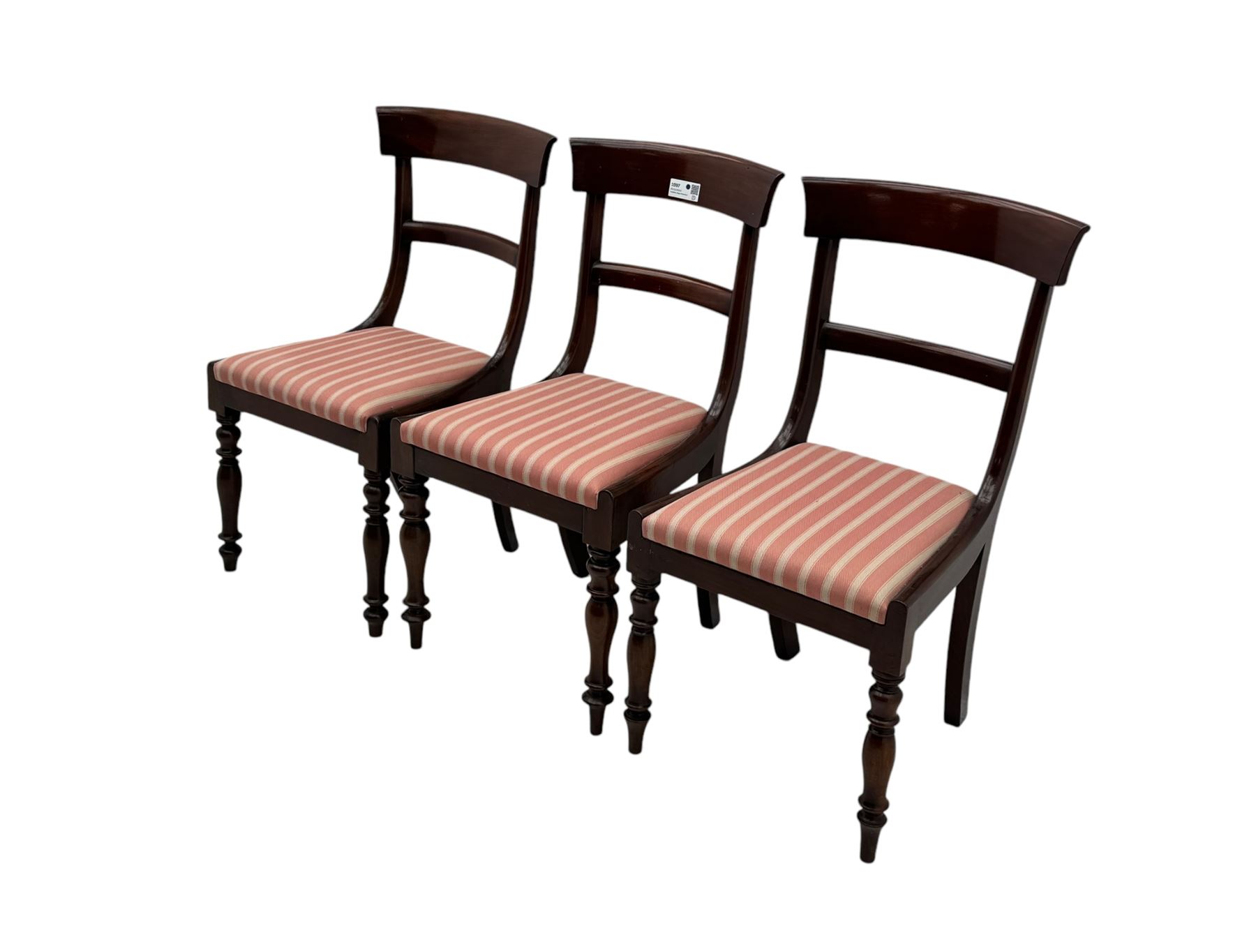 Set of six Victorian mahogany dining chairs, curved bar back over drop-in seat upholstered in striped fabric, on turned front supports