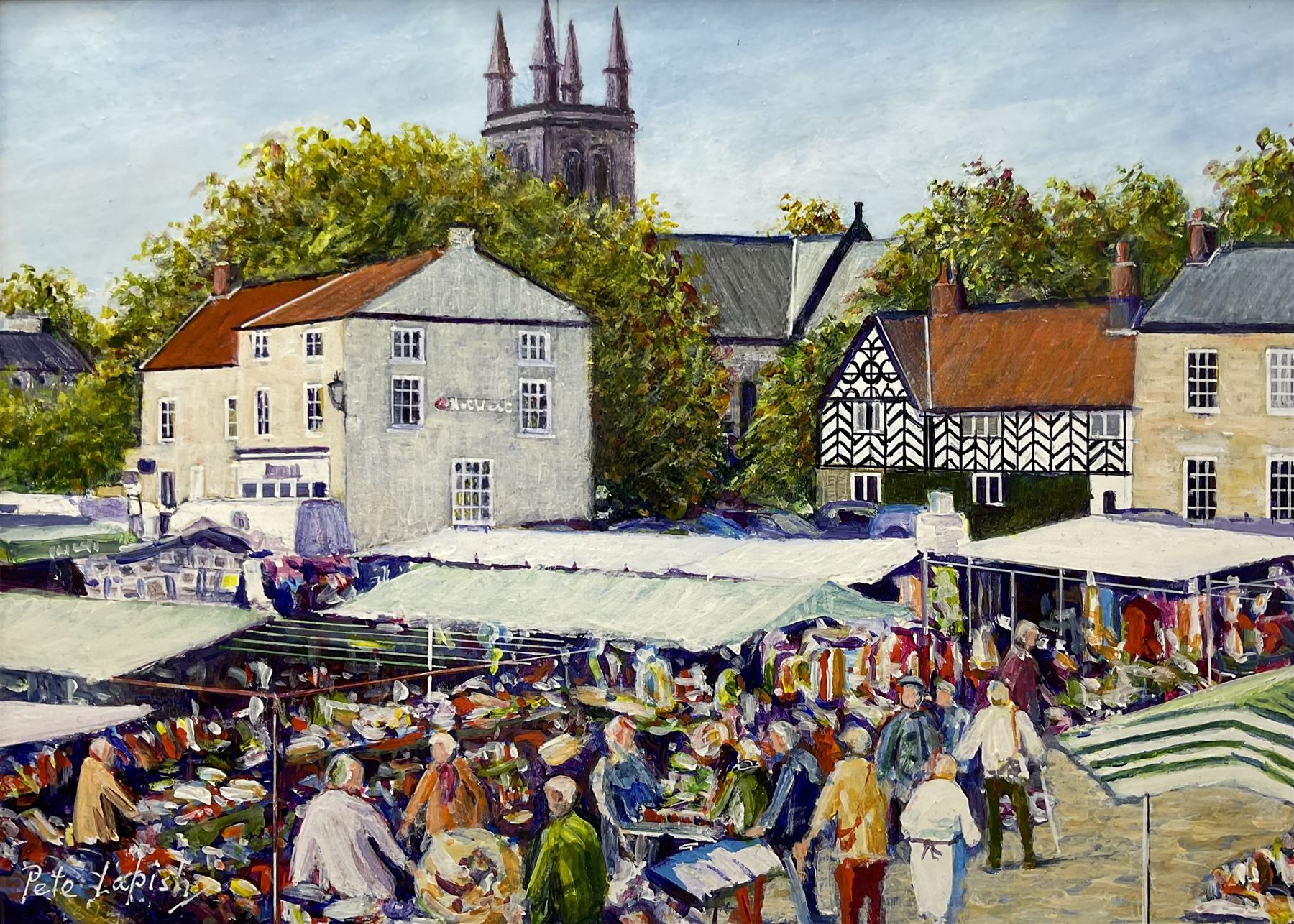 Peter Lapish (British 1937-): 'Helmsley Market Day - From the Top Deck of a Bus', acrylic on board signed, titled verso 19cm x 27cm