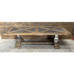 Large rectangular rustic wood and tile effect dining table, chrome pillars on stretcher base