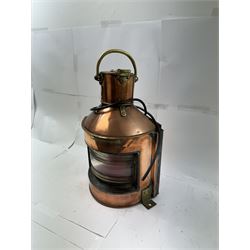 1940s copper and brass ship's corner lamp, converted to electricity, with applied plaque inscribed bow starboard patt.24, dated 1944, including handle H46cm 