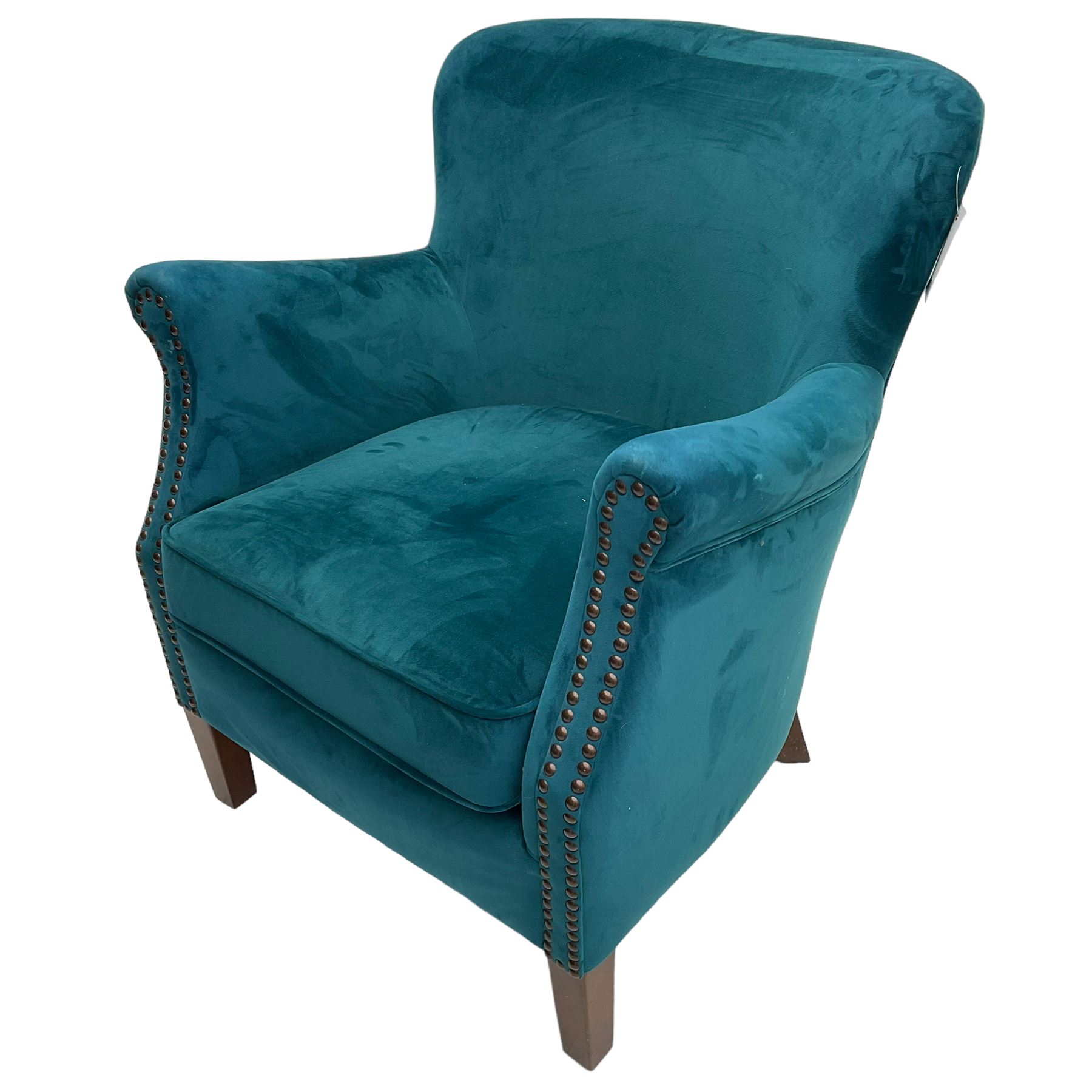 Contemporary tub-shaped armchair, upholstered in teal blue fabric, with high back and rolled arms accented with brass studded trim, on square tapered front feet