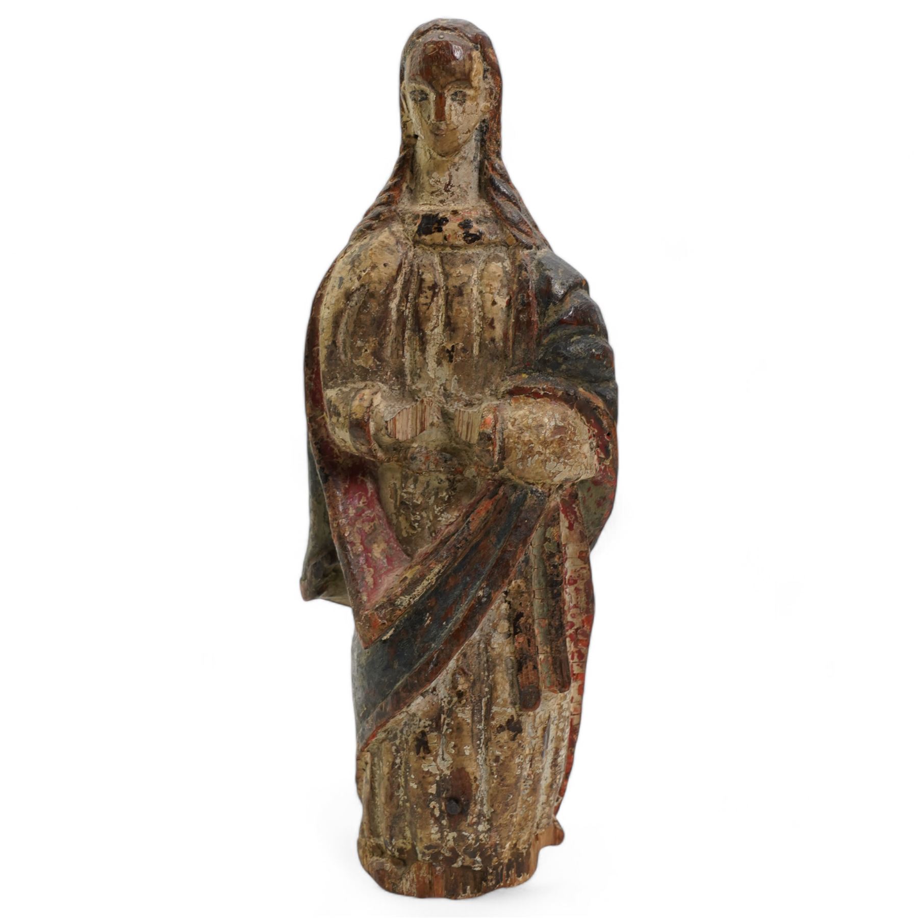 18th Century limewood figure of a saint dressed in flowing robes with polychrome decoration, probably Spanish H24cm