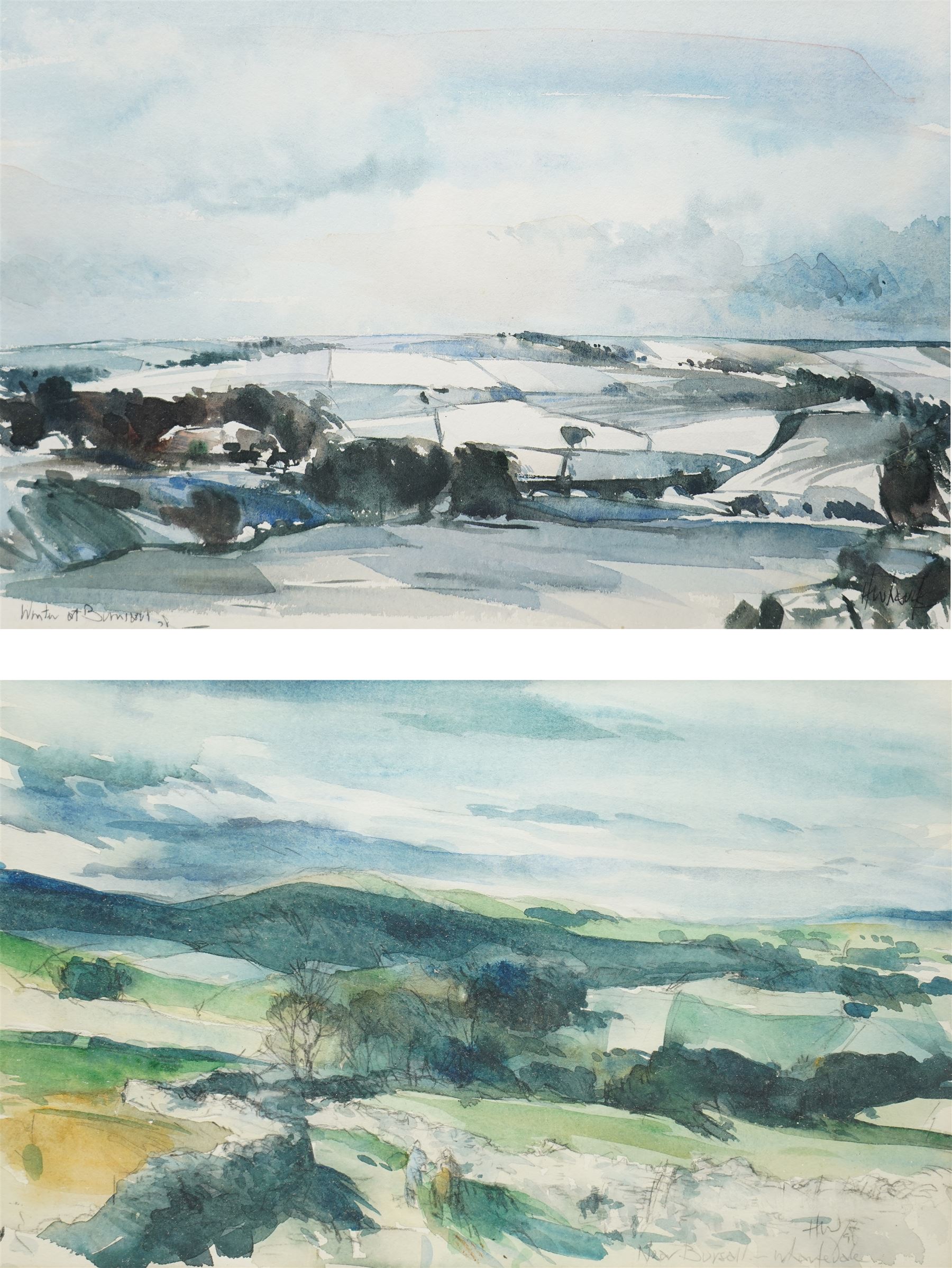 Harold Wharfe (Yorkshire 20th century): Wharfedale and Winter at Burniston, pair watercolours signed and inscribed 23cm x 35cm (2)