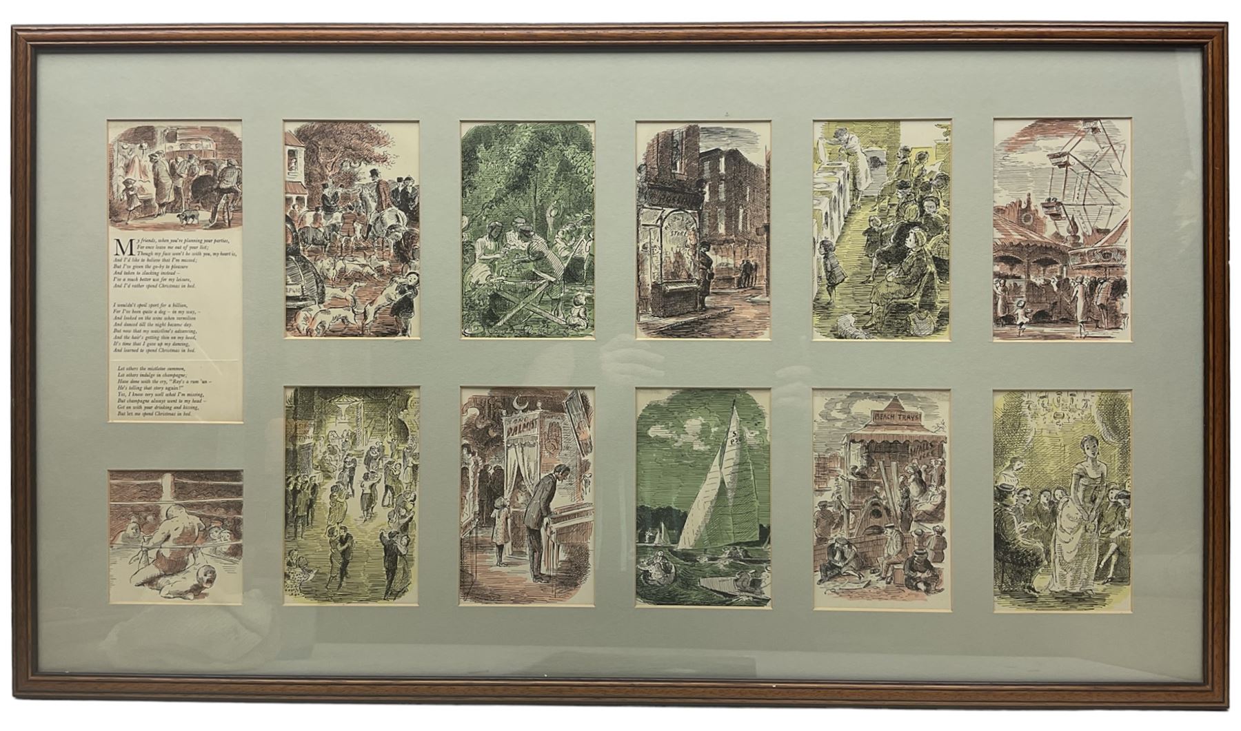 After Edward Ardizzone (British 1900-1979): Village Scenes, set of 12 prints framed as one, with accompanying poem overall 47cm x 87cm 