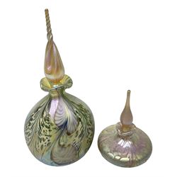 Okra scent bottle Gold Tranquility, together with another of squat from decorated with iridescent threads of gold and pink, both with original box, largest H20cm