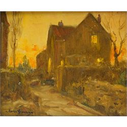 Owen Bowen (Staithes Group 1873-1967): Wintry Sunset over the Manor, oil on board signed 19cm x 22cm