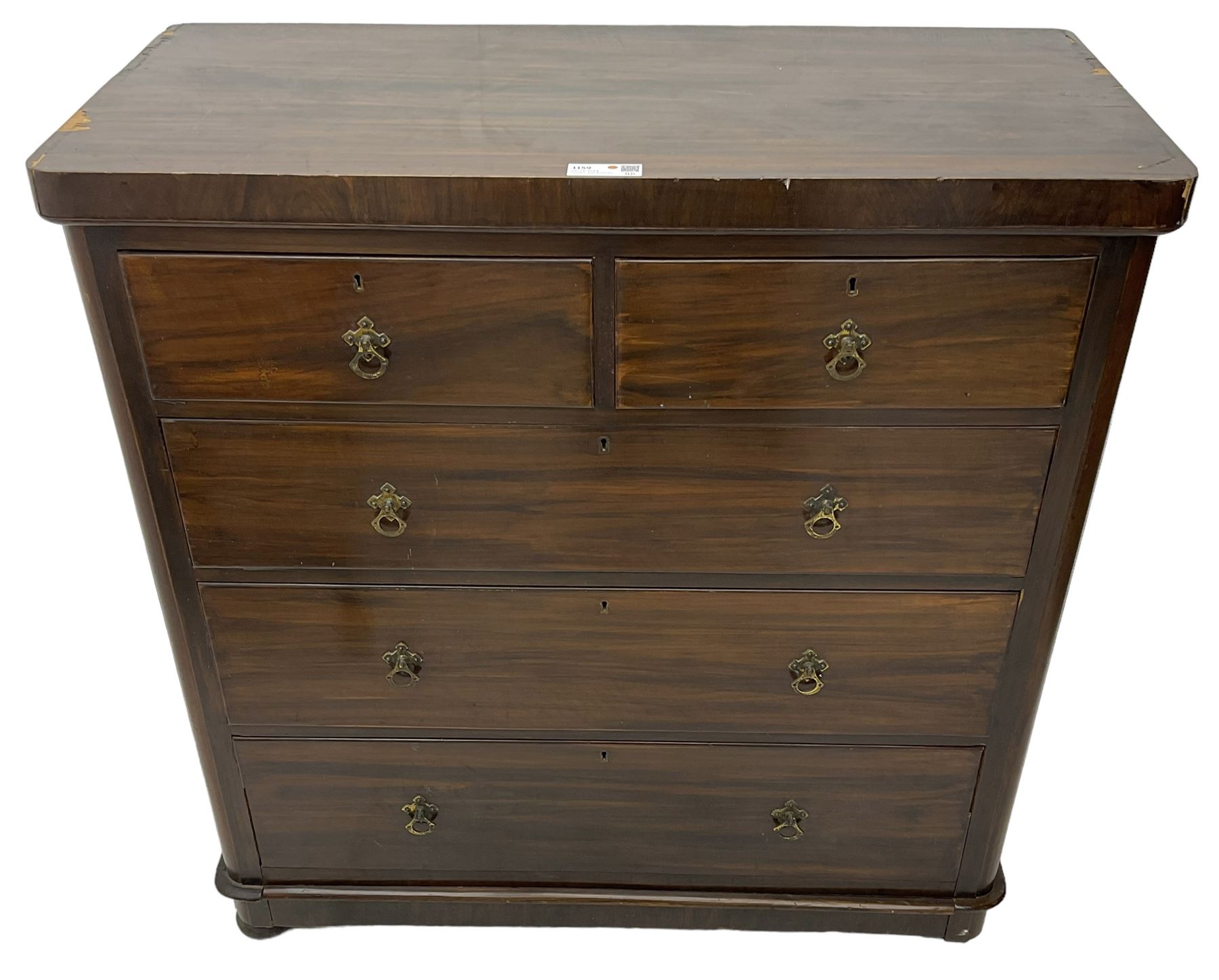 Late Victorian scumbled walnut chest, rectangular top with rounded front corners, fitted with two short and three long drawers