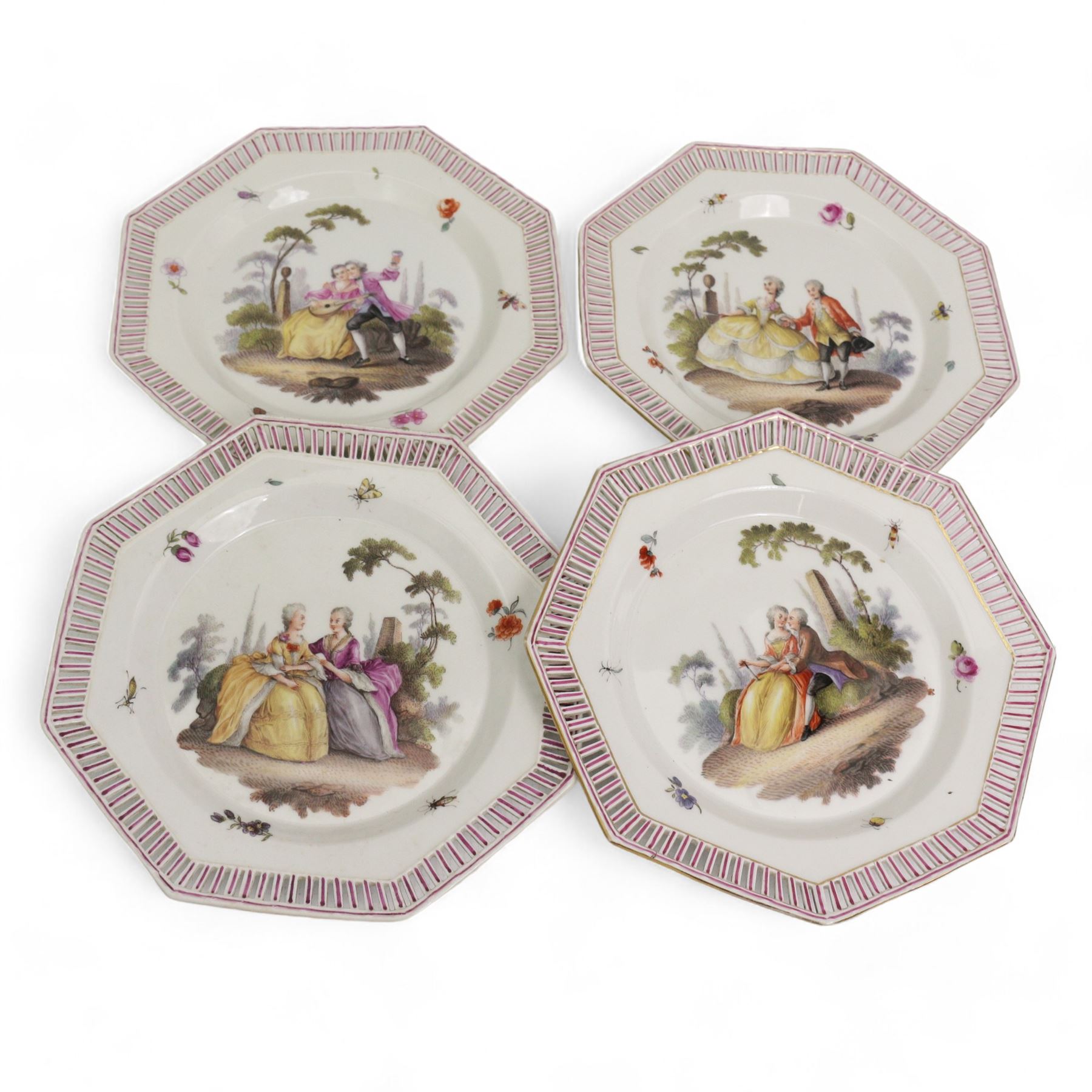 Set of six 19th century Berlin octagonal plates and a pair of two handled baskets, with pierced designs and decorated with couples in landscapes, plates D21cm, baskets, D23cm (8)