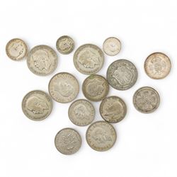 Approximately 120 grams of Great British pre 1920 silver coins, including sixpences, florins etc and approximately 160 grams of Great British pre 1947 silver coins including halfcrowns etc