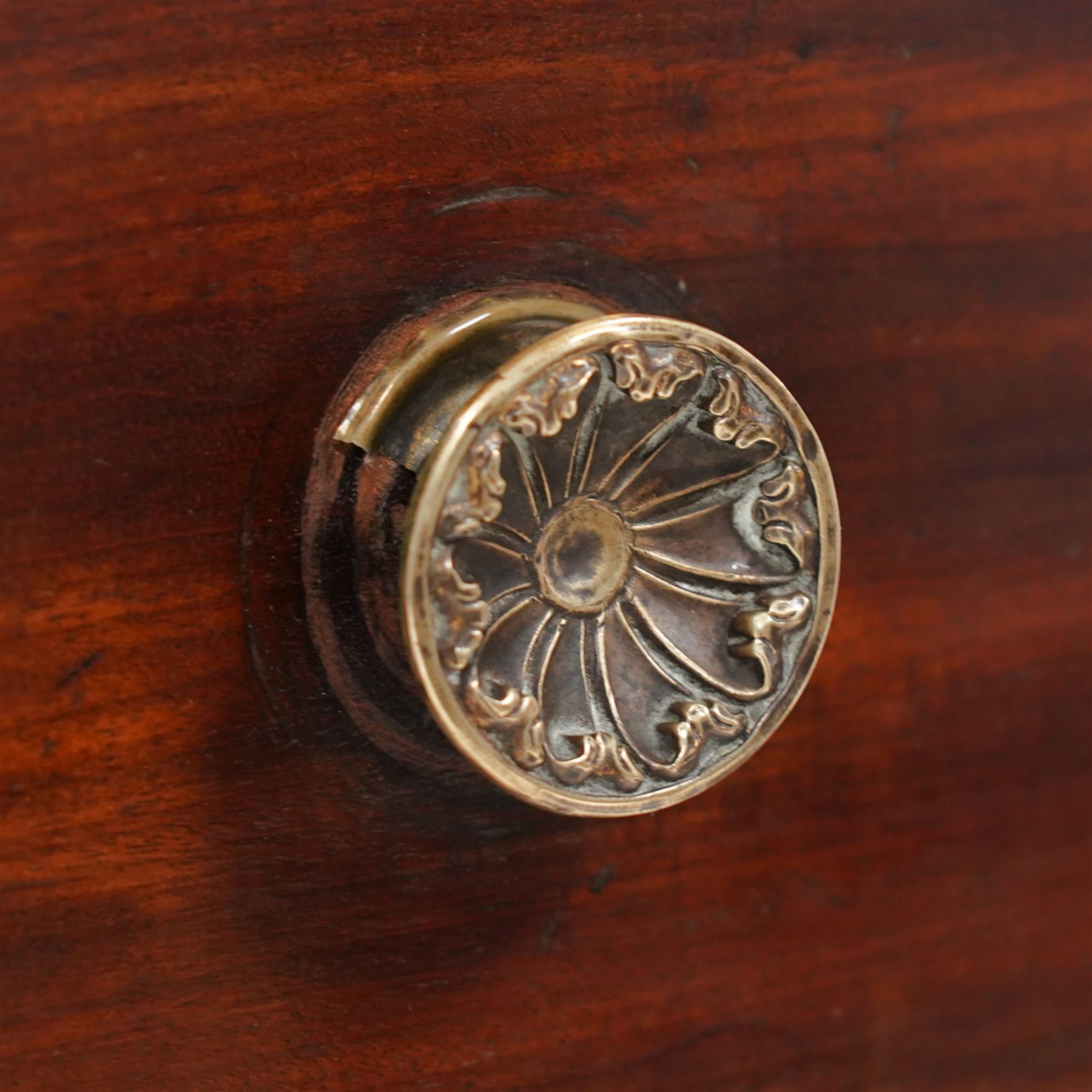 George III mahogany bow-fronted chest, shaped rectangular top with reed edge, fitted with three graduating cock-beaded drawers with brass pull handles, shaped apron over splayed bracket feet