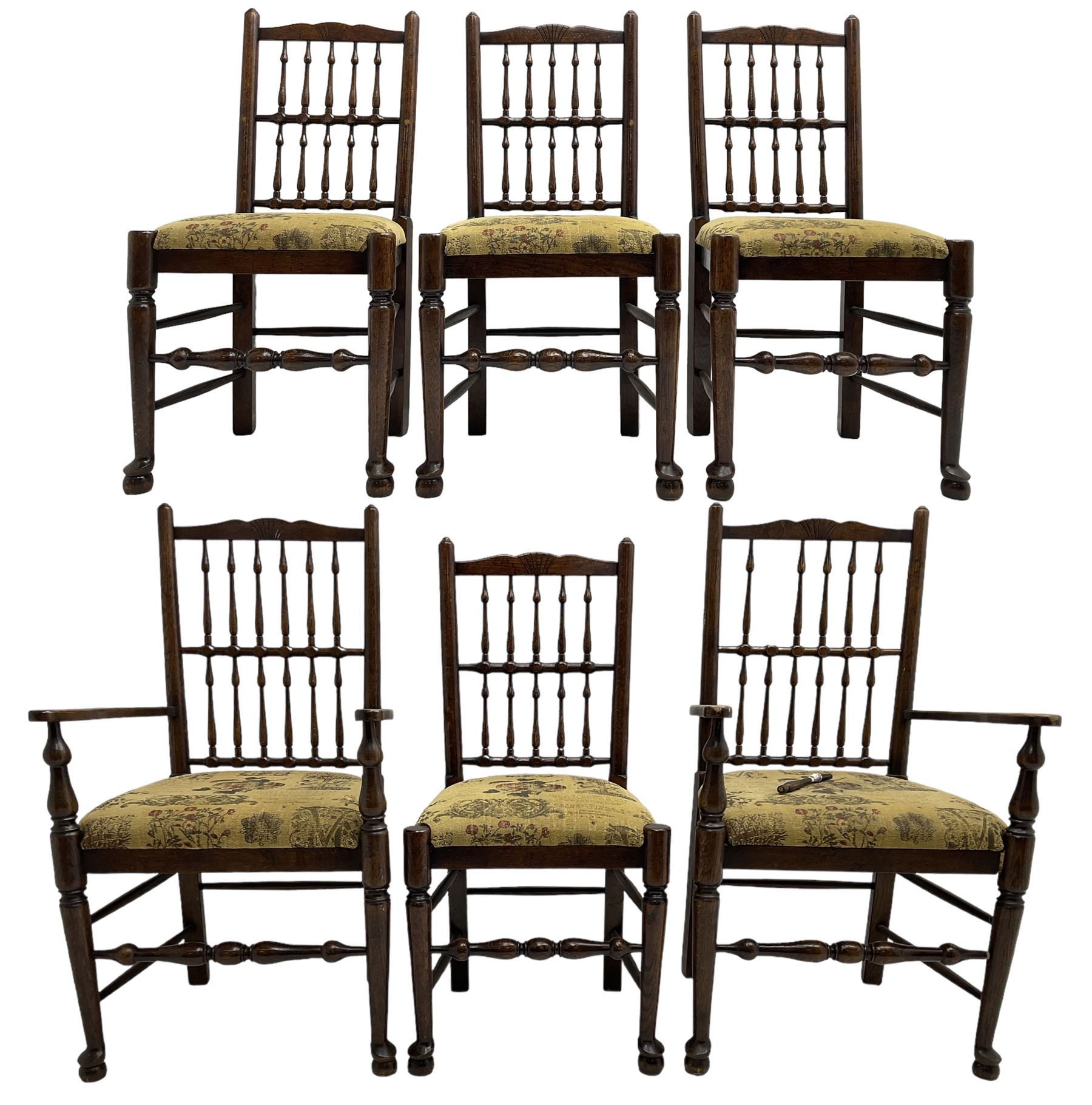 Set of six (4+2) 20th century oak spindle back dining chairs, with upholstered drop-on seat cushions, turned supports joined by turned stretchers