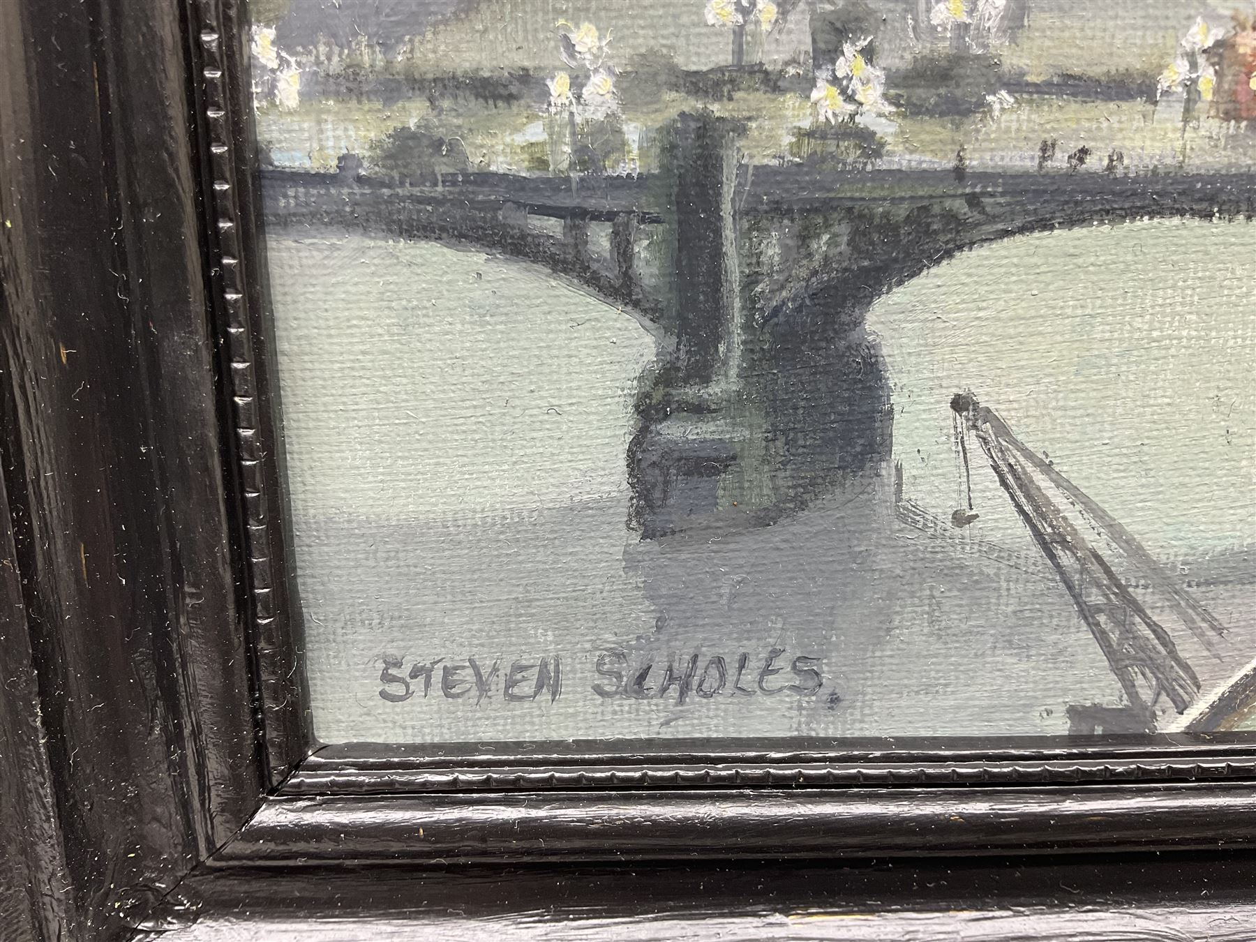 Steven Scholes (Northern British 1952-): 'Tower Bridge - London 1958', oil on canvas signed, titled verso 19cm x 37cm