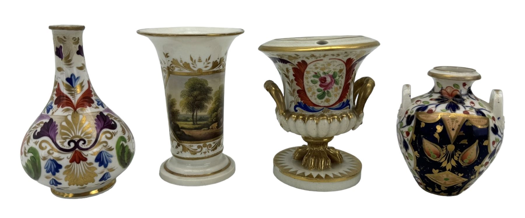 Early 19th century Derby porcelain to include a campana form inkwell, small bottle form vase, twin handled vase and flared rim vase, hand painted with a landscape scene, H10cm (4)