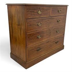 Late Victorian mahogany chest, moulded rectangular top over two short and three long graduating drawers, the drawer fronts inlaid with satinwood bands, boxwood and ebony stringing, on moulded plinth base 