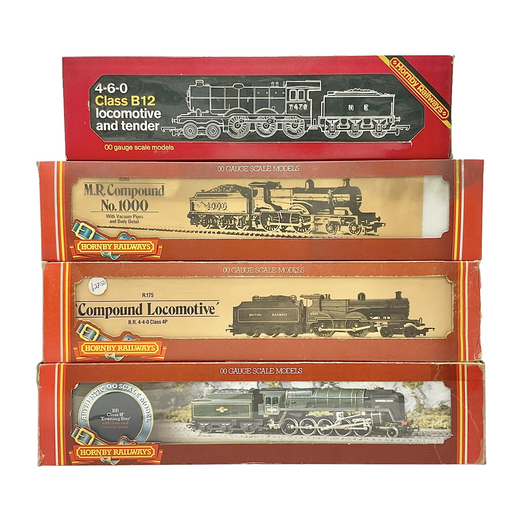 Hornby ‘00’ gauge - Class B12 4-6-0 locomotive no.7476 in LNER black; Midland Railway 4-4-0 compound locomotive no.1000 in MR maroon; Class 4P 4-4-0 compound locomotive no.41043 in BR black; Class 9F 2-10-0 ‘Evening Star’ locomotive no.92220 in BR green; in original boxes (4)