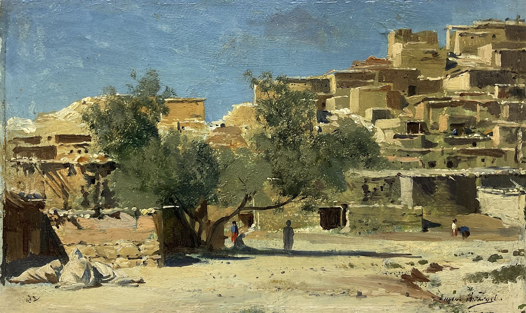 Eugène Alexis Girardet (French 1853-1907): Desert Town, oil on panel signed, indistinctly titled and dated 1877 verso 14cm x 23.5cm