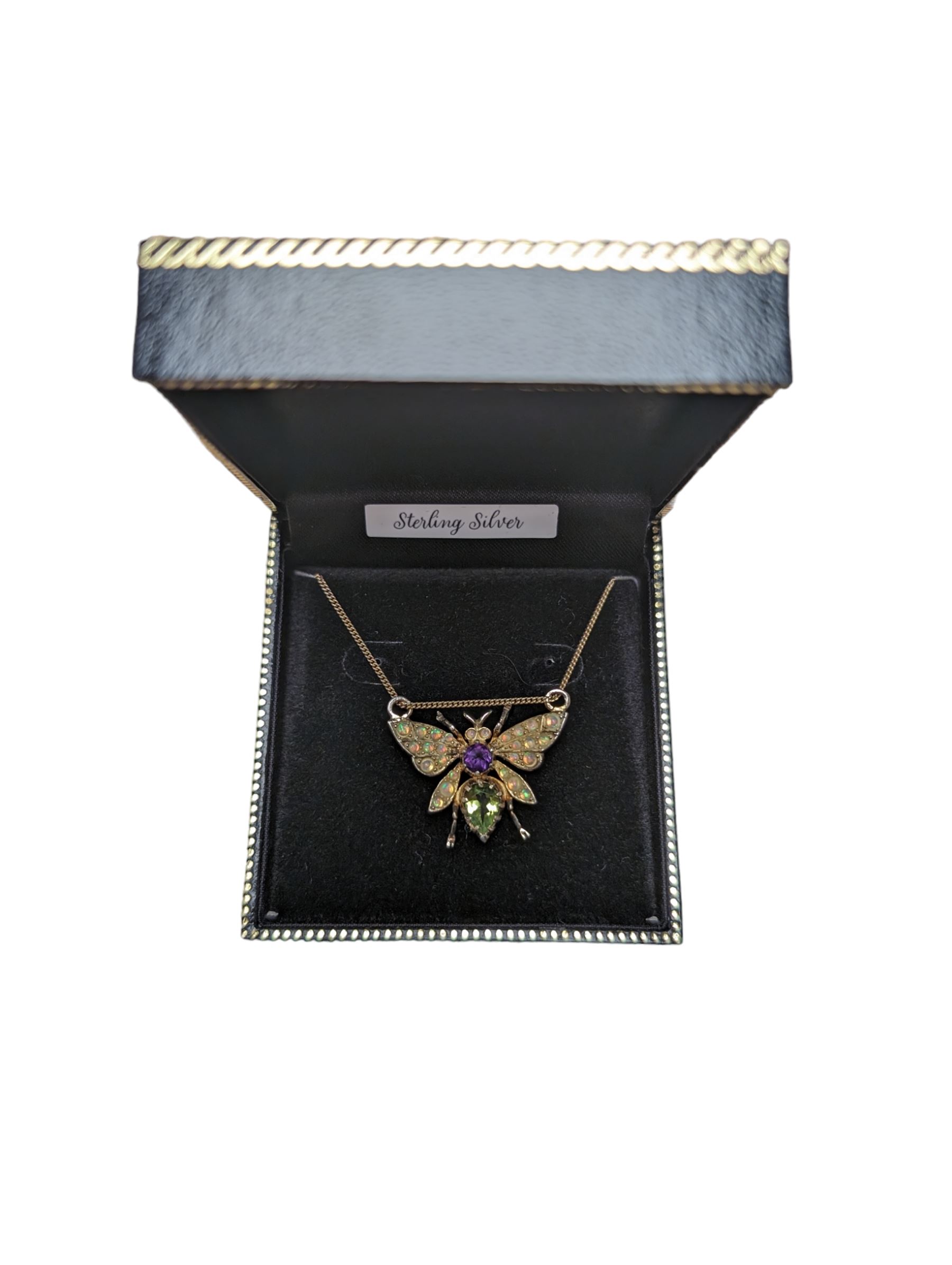 Silver gilt peridot, amethyst and opal butterfly pendant necklace, boxed 