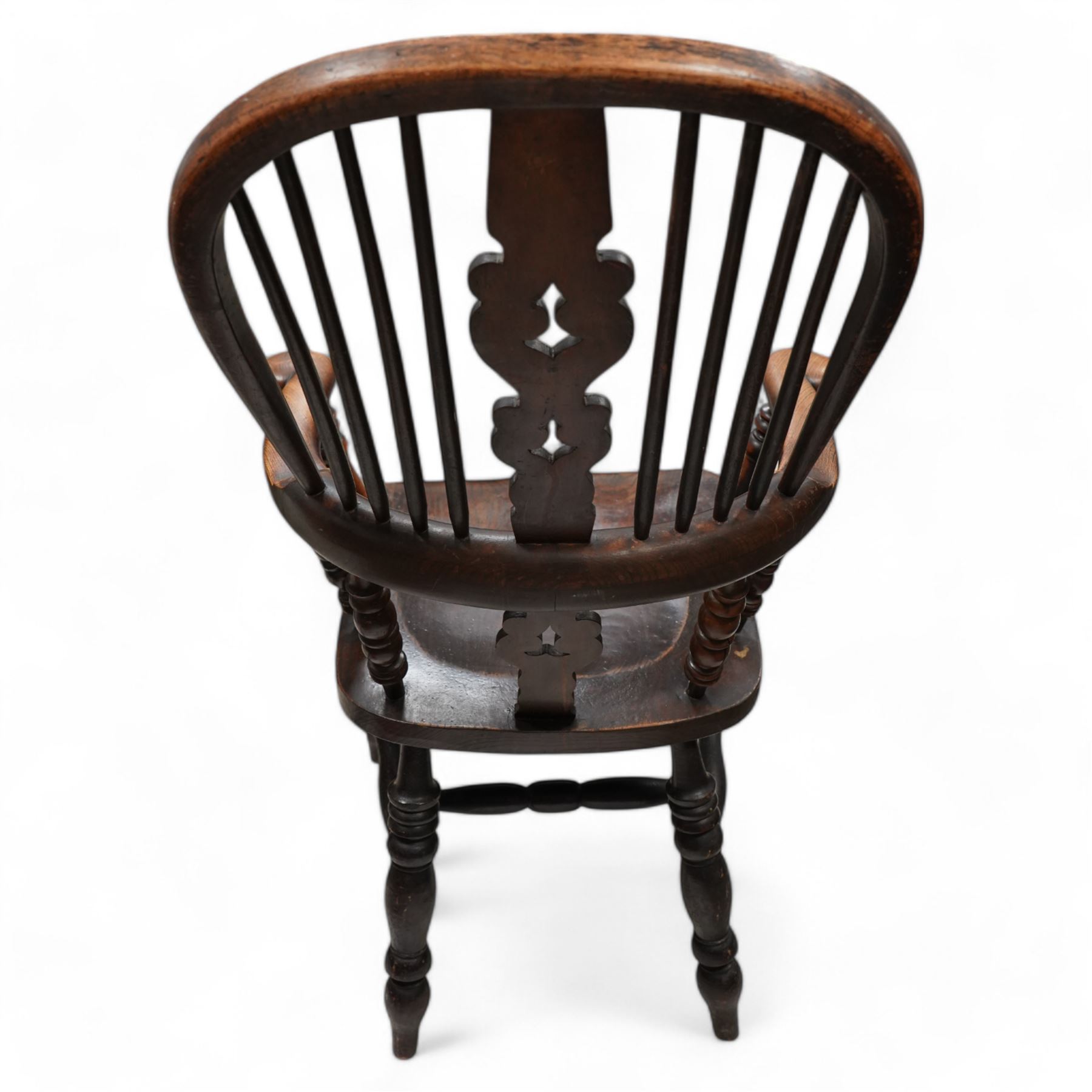 Victorian elm and beech Yorkshire Windsor armchair, double hoop and stick back with shaped and pierced splat, dished seat on turned supports united by double H-stretchers 