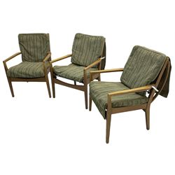 Cintique - set of three beech framed open easy chairs 