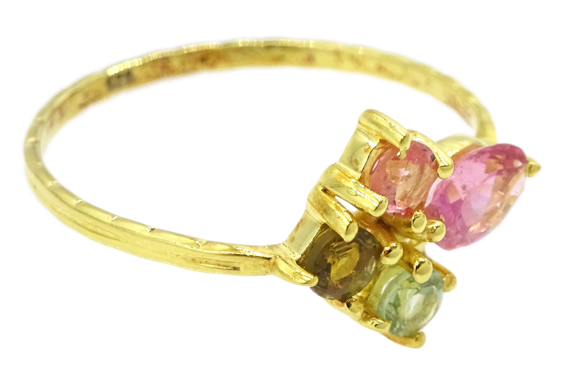 Silver-gilt pink and green tourmaline ring, stamped 925