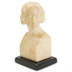 Early 20th century alabaster of a young girl, wearing a ribbon in her hair, on a black marble base, H19.5cm and another carved female bust on an ebonised base, H20.5cm (2)