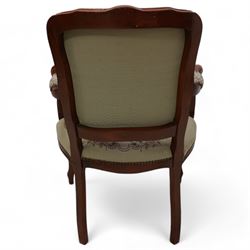 French design open armchair, upholstered in tapestry fabric depicting a romantic scene