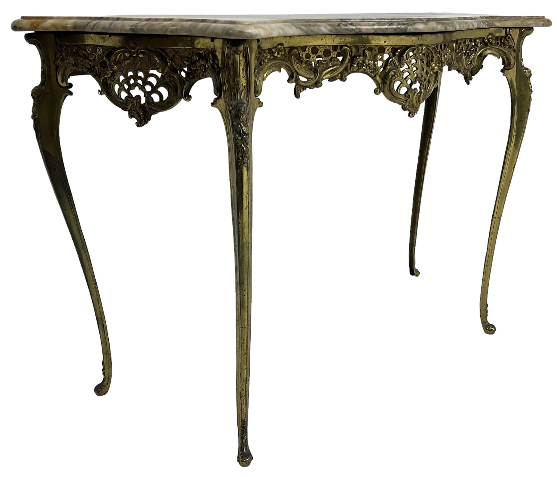 Louis XVI design serpentine front console table, shaped marble top over a cast brass base, the apron pierced and decorated with c-scrolls and foliate cartouche motifs, on cabriole supports with floral patterned knees