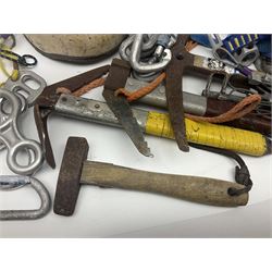 Collection of 1960s/70s climbing equipment including two original Hamish McInnes Pterodactyl ice axes, Joe Brown helmet, carabiners, ropes and wires etc