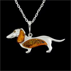 Silver Baltic amber Dachshund pendant necklace, stamped 925