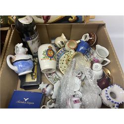 Wedgwood Jasperware trinket boxes and dishes, together with alcohol miniatures of varying proof and contents, collection of ceramic jugs and other collectables, in three boxes