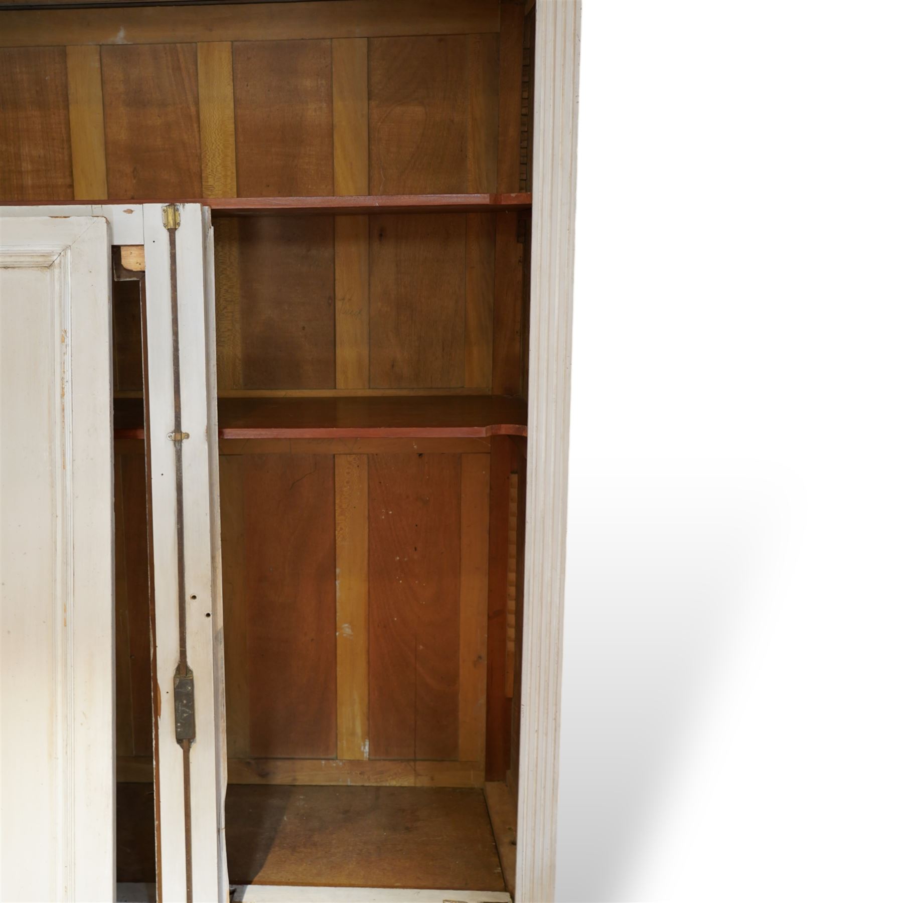 French grey painted armoire cupboard, fitted with two panelled doors, enclosing fitted shelves, single drawer to base, raised on turned feet