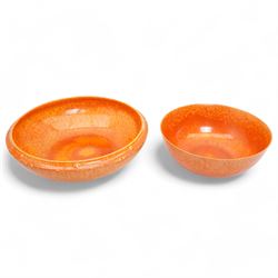 Two Pilkington Royal Lancastrian mottled orange bowls, largest D26cm