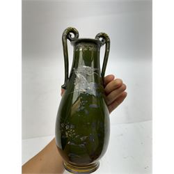 Japanese green twin handled vase, with silver overlay depicting cranes and floral sprigs, H24cm 