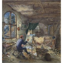 After Adriaen Jansz van Ostade (Dutch 1610-1685): 'The Painter in His Studio', 19th century watercolour unsigned 22cm x 21cm