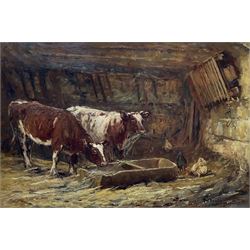 James William Booth (Staithes Group 1867-1953): Shorthorn Cattle and Hens in Stable setting, oil on canvas signed 60cm x 90cm
Provenance: same family ownership for over 25 years