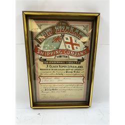 Four late 19th century/early 20th century passage broker certificates, for shipping lines including Allan Royal Mail Line, Beaver Line of Passenger Steamers, Shaw Savill & Albion Co Ltd and The New Zealand Shipping Company Limited, all within glazed wooden frames, largest H38cm