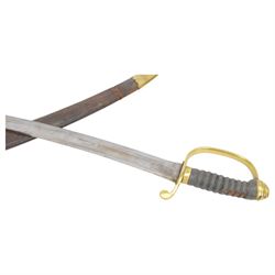 Victorian Police Constabulary Hanger, curved single edge blade, steel knucklebow and downswept quillon marked 864, stepped pommel and ribbed fishskin grip; in leather covered scabbard with steel mounts, L75cm 