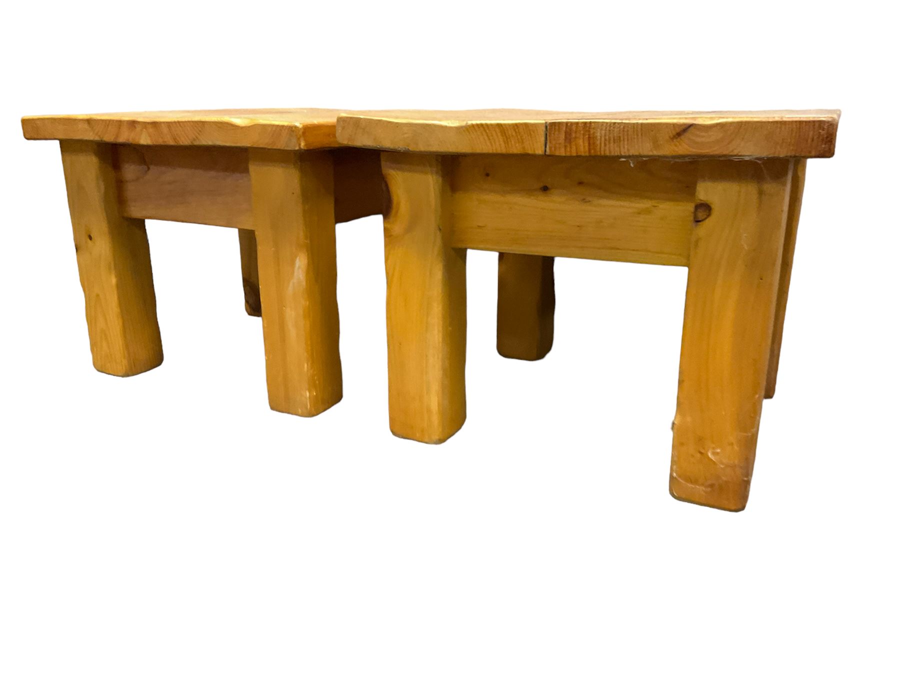 Two pine square coffee tables on block supports