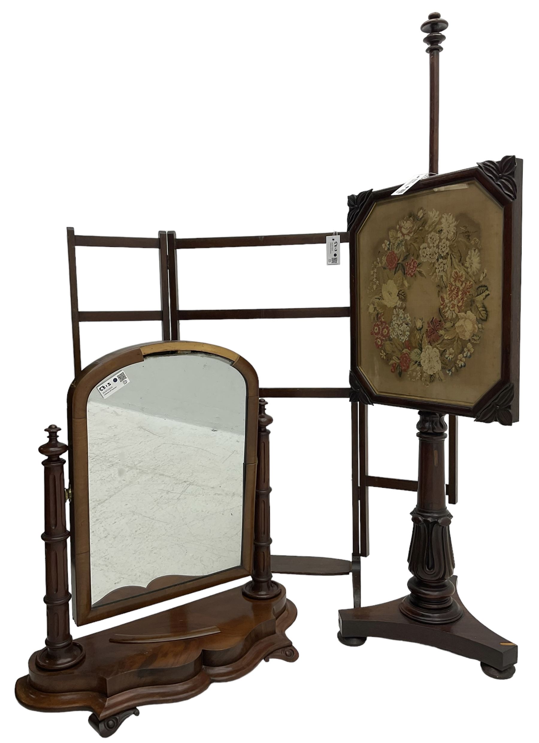 Victorian rosewood pole screen (H146cm); Victorian mahogany dressing table mirror (H75cm); 20th century mahogany folding clothes horse or towel rail (3)